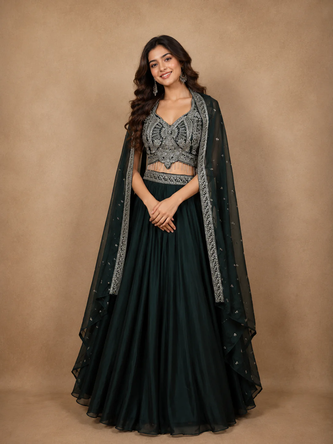 Bottle Green Sequins Design Organza Skirt Top with Dupatta